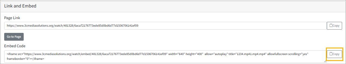 TechConnect Cloud Link and Embed section showing the Embed Code box with a highlighted Copy button.