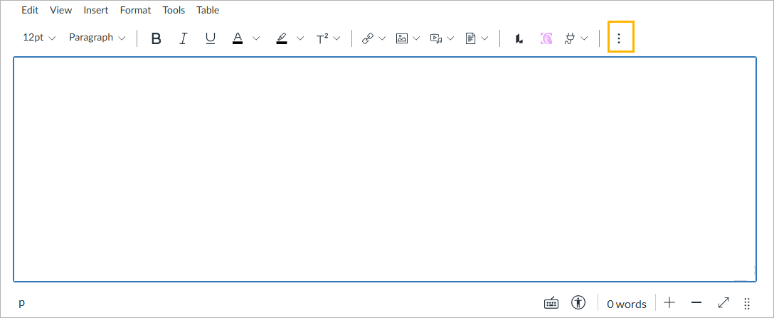 Canvas Rich Content Editor toolbar with a highlight around the three vertical dots icon for additional options.