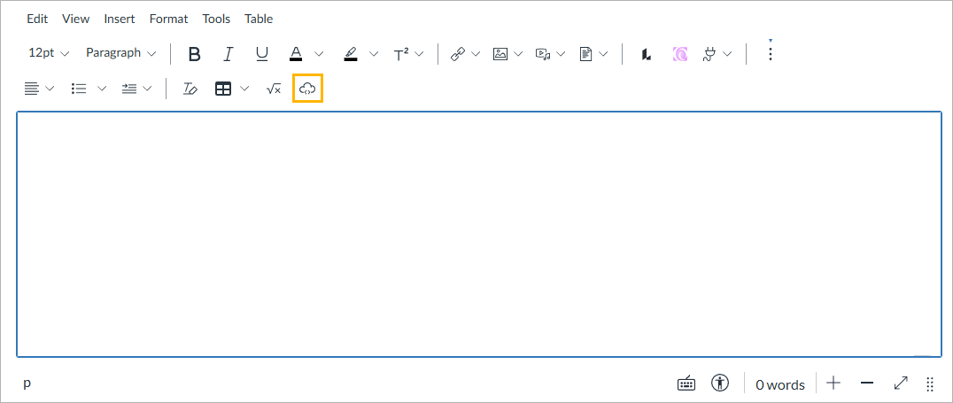 Canvas Rich Content Editor expanded toolbar with a highlight around the cloud embed icon.