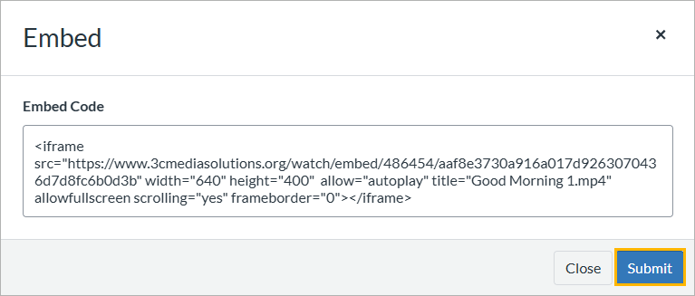 Canvas embed code pop-up window showing HTML code pasted into the Embed Code field above the Submit button.
